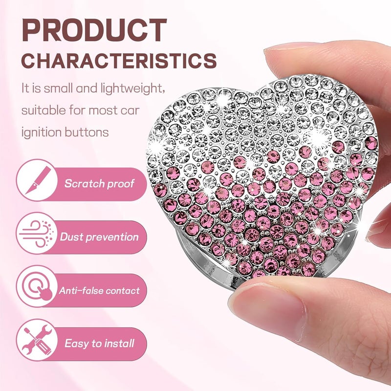 ongfuwu Bling Car Engine Start Button Cover, Cute Heart Shape Diamond Ignition Button Cover Sticker, Sparkly Rhinestone Push to Start Button Decoration Decal for Women Girls (Gradient Pink) - Image 3